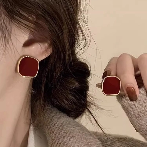 French Retro Square Stud Earrings Copper Gold Plated Enamel With 925 Sterling Silver Earring Post Elegant Geometric Women