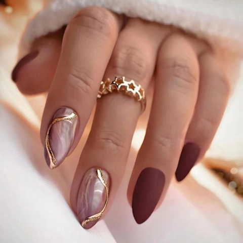 Matte Deep Red Almond Press On Nails Marble Gold Line Glitter Fashion Chic Artificial Nails For Women Elegant False Nails