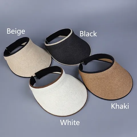 Women Fine Paper Straw Visor Hat Sun Protection Wide Brim Empty Top Minimalist Summer Beach