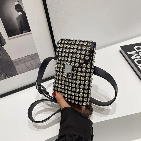 Mini Crossbody Phone Bag PU Leather Full Rhinestone Vertical Square Metal Lock Adjustable Strap Fashion Women Accessory