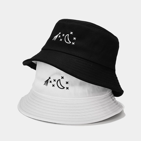 Chapeau Bob Coton Sergé Broderie Étoile Lune Protection Solaire Extérieur Style Coréen Décontracté Chapeau De Soleil Homme Femme