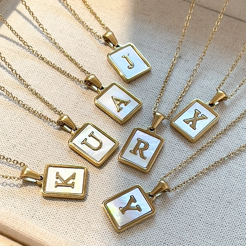 Women Stainless Steel Square Letter Pendant Necklace With White Mother Of Artificial Pearl Shell Inlay 18K Gold Plated Initial