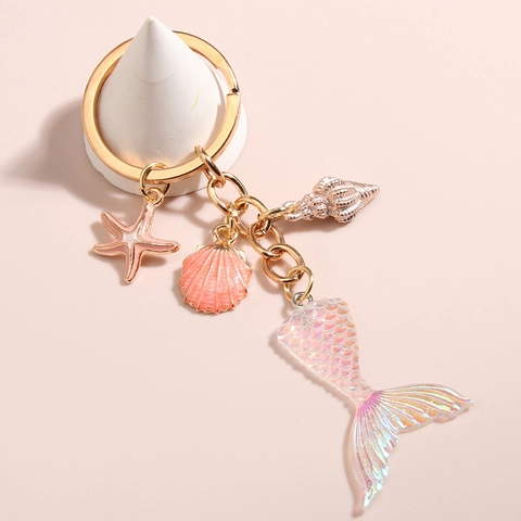 Ocean Mermaid Tail Keychain Pendant Gold Alloy Gradient Fish Scale Shell Starfish Heart Resin Rhinestone Keyring Women Jewelry