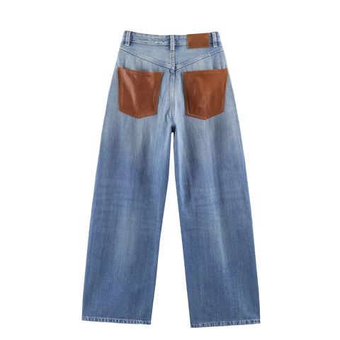 Women High Waist Wide Leg Jeans Retro Washed Denim Pants Loose Straight Fit With Leather Pocket Patch