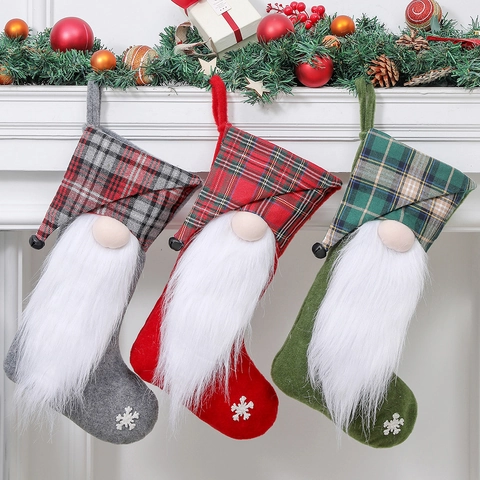 Calza Di Natale Gnomo Bambola Senza Volto Design A Quadri Sacchetto Regalo Appeso Per Decorazione Camino Albero