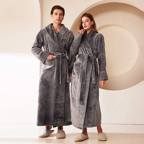 Unisex Long Flannel Robe Thickened Coral Fleece Bathrobe Shawl Collar Belted Sleepwear For Men Women Couples