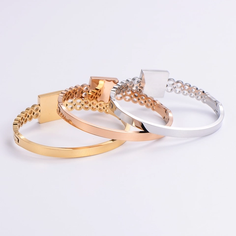 Brazalete De Acero Inoxidable 304 Con Incrustación De Nácar Cuadrada Geométrica Joyería De Diseño Calado Para Mujer