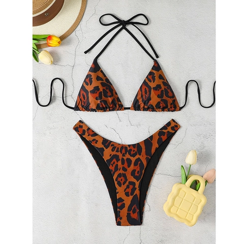 Bikini Top And Bottom Halter Neck Triangle Backless Leopard Print Beach Swimsuit For Women Sexy Bathing Suit