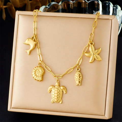 Oceaan Thema Vergulde Roestvrijstalen Ketting Dolfijn Schelp Schildpad Vis Zeester Hangers Strand Sieraden Voor Dames