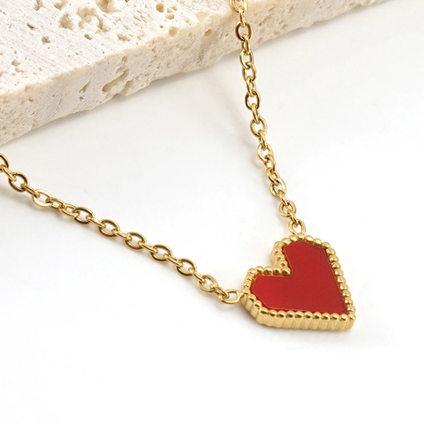 18K Vergoldete Edelstahl Herz Kette Rote Emaille Zierlicher Minimalistischer Modeschmuck Für Damen