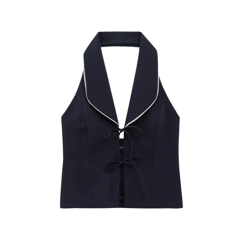 Dames Halter Neck Tank Top Golvende Revers Strik Slim Fit Polyester Twill Mouwloos Contrast Crop Vest