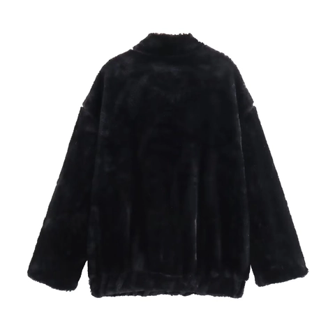 Giacca Da Aviatore In Pelliccia Sintetica Donna Nero Solido Revers Vestibilità Comoda Cerniera Cappotto Invernale Caldo