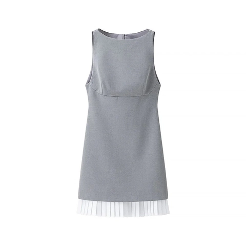 Ärmelloses Mini Kleid Grau Polyester Weißer Plissierter Saum Rundhalsausschnitt Preppy Stil Damen