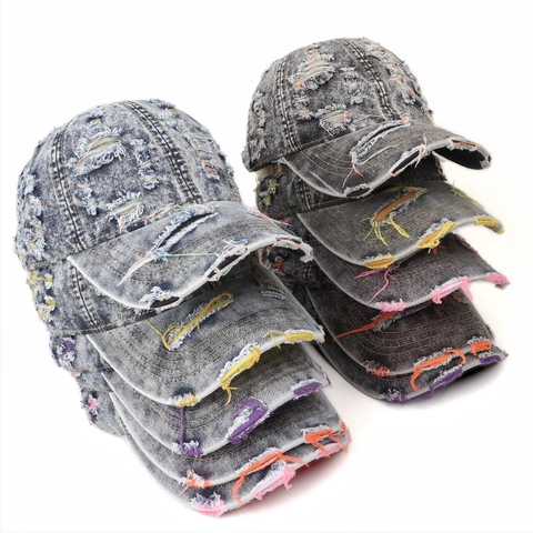 Vintage Washed Denim Baseball Cap Distressed Ripped Holes Streetwear Peaked Hat Contrast Color Sunshade Adjustable Men Women