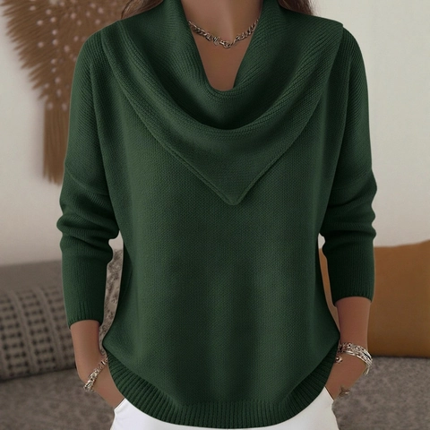 Women Knit Sweater Cowl Neck Draped Collar Solid Color Loose Fit Casual Long Sleeve Pullover Soft Jumper Fashionable Top