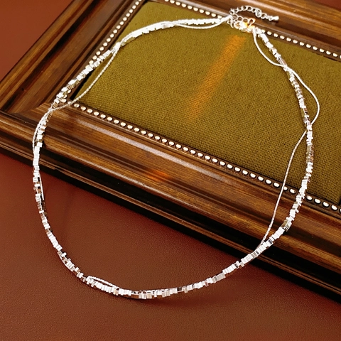 Double Layer Necklace Copper Silver Plated Snake Bone Chain Geometric Square Block Minimalist Jewelry For Women Elegant