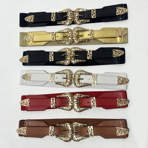 Cinturón De Corsé Para Mujer Doble Hebilla Tallada Retro Aleación Hueca Cuero PU Cintura Elástica