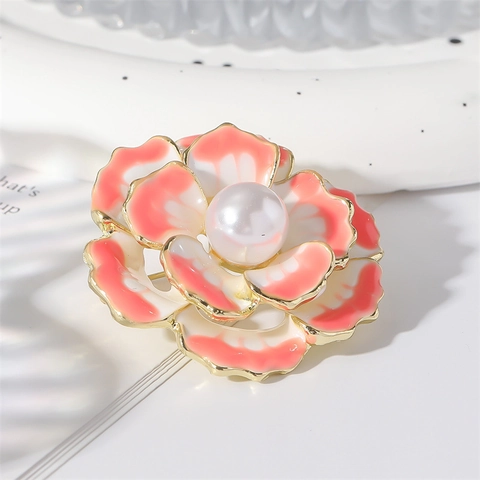 Broche De Flor De Camelia Aleación Esmalte Rosa Blanco Perla Artificial Alfiler Joyería De Moda Para Mujeres Accesorios De Ropa
