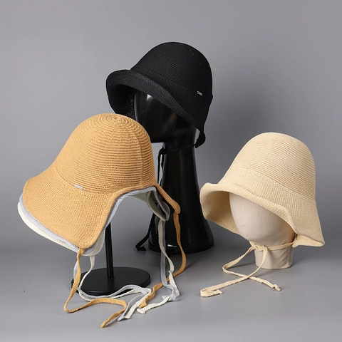 Knitted Fisherman Bucket Hat For Women Cotton Polyester Blend Breathable Sunshade Sun Hat With Flexible Brim And Strap