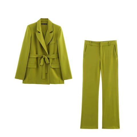 Damen Business Casual Blazer Und Hose Büro Streetwear Solid Grasgrün Langarm Gürtel Revers Outfit
