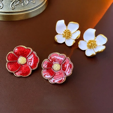 Vintage Flower Stud Earrings Alloy Enamel With 925 Sterling Silver Earring Post Retro Floral For Women