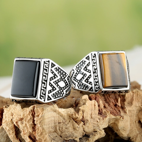 Men Signet Ring Stainless Steel With Square Tiger Eye Black Stone Vintage Greek Key Pattern Retro Jewelry