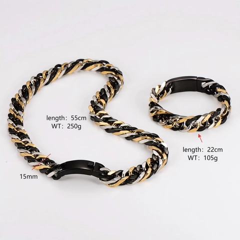 Herren Cuban Link Halskette Und Armband 304 Edelstahl Dreifarbig Gold Silber Schwarz Vintage Hip Hop Schmuck