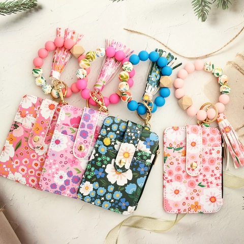 Blumenmuster PU Leder Kartenhalter Portemonnaie Mit Silikon Perlen Armband Schlüsselanhänger Und Quaste Für Damen