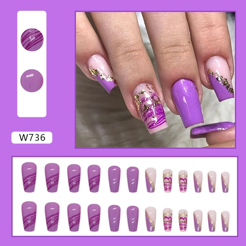Press On Nails Long Coffin Shape Purple Wavy Lines And Gold Foil Detachable Romantic Taro Manicure For Women