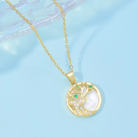 Neuer Chinesischer Stil Hirsch Geweih Künstlicher Opal Rund Anhänger Kupfer Halskette Für Damen Gold Strass Muschel Schmuck