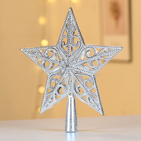 Hollow Star Christmas Tree Topper Plastic Glitter Decorative Ornament For Festive Holiday Home Party