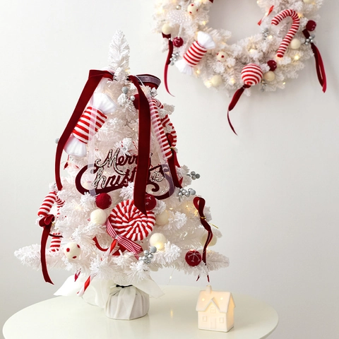 Mini Albero Di Natale Bianco Innevato Artificiale Decorazione Da Tavolo Con Luci LED Ornamenti Caramelle Per Casa Ufficio