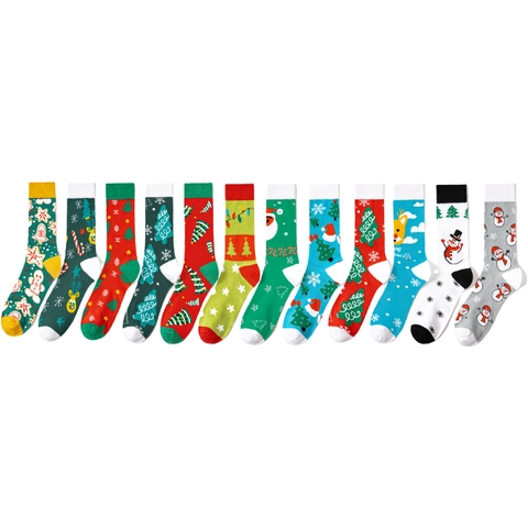 Christmas Socks Cotton Knit Breathable Santa Snowman Reindeer Pattern Holiday Party Novelty Crew Stockings Unisex