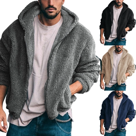 Men Winter Warm Sherpa Fleece Jacket Hooded Full Zip Outerwear Solid Color Loose Fit Casual Teddy Coat For Everyday Wear