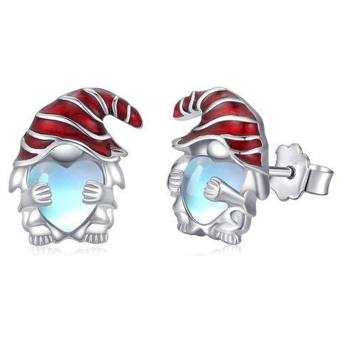 Santa Gnome Stud Earrings Copper White Gold Plated Faux Moonstone Heart Christmas Gift Cute Jewelry Women