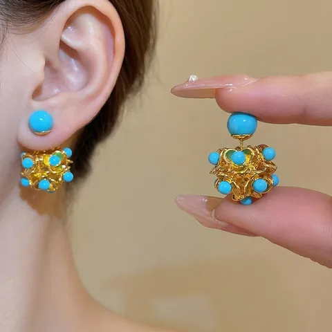 Vintage Cluster Knopoorbellen Verguld Hars Turkoois Blauw Bloem Ontwerp Met 925 Sterling Zilveren Oorbel Post Voor Dames