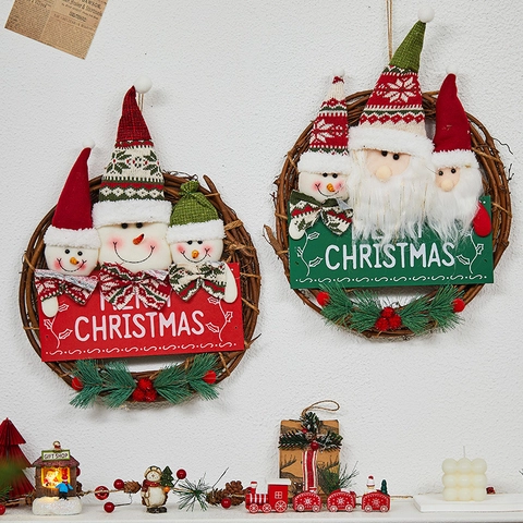 Christmas Wreath Rattan Wall Hanging Plush Santa Snowman Reindeer Figures Artificial Pine Needles Festive Door Ornament