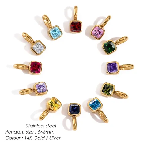 Stainless Steel Square Birthstone Pendants Glass Gemstone Charms For DIY Jewelry Making Necklace Accessories Women Gift