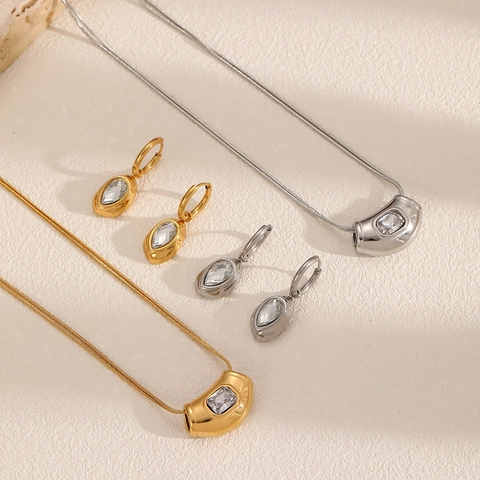 Collana E Orecchini A Cerchio Acciaio Inossidabile Ciondolo Geometrico Zircone CZ Catena Serpente Gioielli Donna