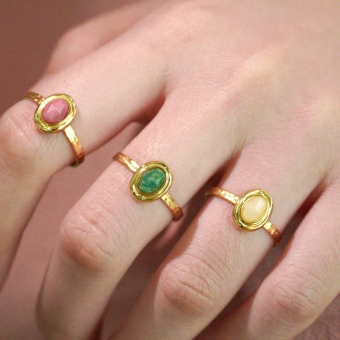 Französischer Vintage Edelstahl Offener Ring Mit Naturstein Vergoldet Verstellbar Geometrisch Oval Edelstein Ring Für Damen Schmuck