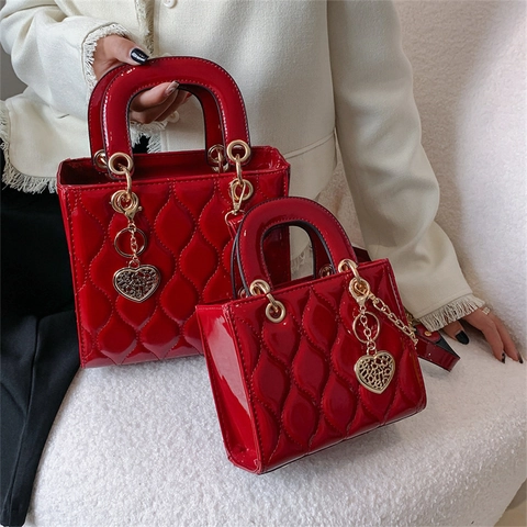 Patent Leather Quilted Handbag With Heart Charm Gold Hardware Top Handle Chain Strap Crossbody Evening Bag