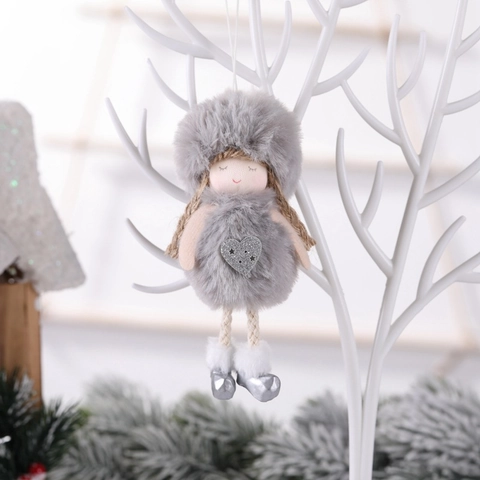 Peluche Ange De Noël À Suspendre Fausse Fourrure Paillettes Cœur Flocon Neige Décoration Arbre Vacances Hiver