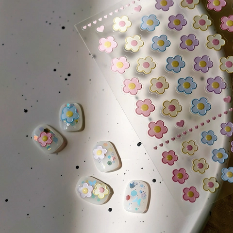 Pegatinas De Uñas De Flores En Relieve 3D Color Macaron Cinco Pétalos Autoadhesivas Decoración Manicura Estilo Dulce Mujer