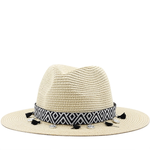 Cappello Fedora In Paglia Bohemien Con Fascia Geometrica Nappine E Ciondoli In Metallo Traspirante Tesa Larga Protezione Solare Estate Mare Unisex