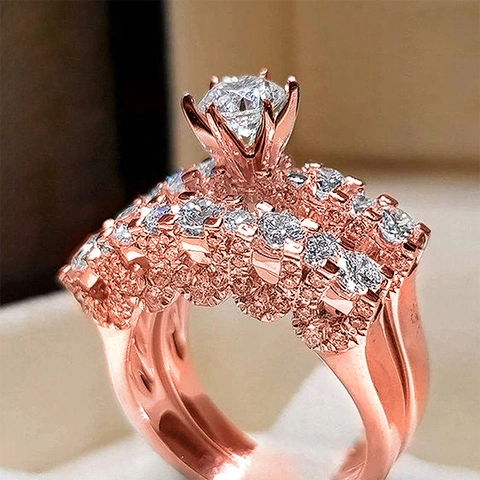 Luxury Copper Zircon Engagement Ring And Eternity Band Six Prong Round Cut Full Pave Wedding Jewelry For Women