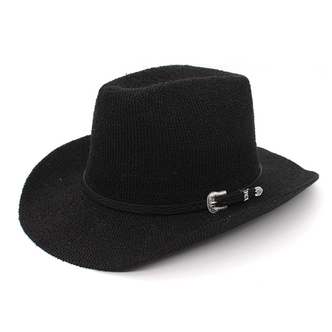 Retro Western Cowboy Straw Hat For Women Men Wide Brim Breathable Woven Sun Hat With Silver Carved Buckle Belt