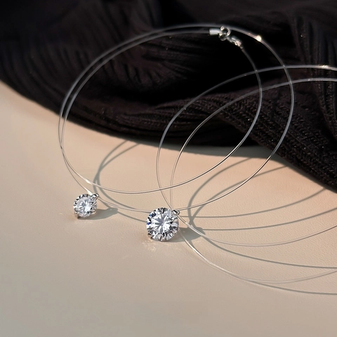 925 Sterling Silver Moissanite Rhinestone Pendant Necklace Invisible Fishing Line Mermaid Tear Clavicle Chain For Women