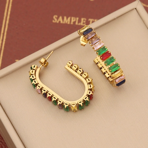 Colorful Zirconia Stainless Steel Earrings C-Shape Heart Geometric Rainbow Studs Fashion Jewelry For Women