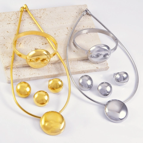 Gioielli In Acciaio Al Titanio Lucido Minimalista Cupola Ovale Collana Bracciale Orecchini A Lobo Anello Elegante Donna