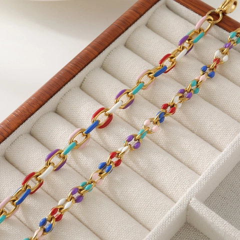 Minimalist Stainless Steel Multicolor Enamel Cross Chain Bracelet For Women Gold Plated Drip Oil Jewelry Personality Adjustable Hand Chain Gift